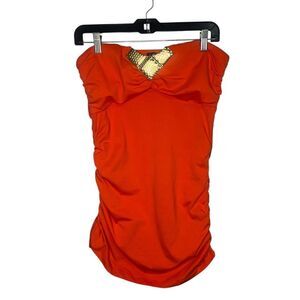 Vintage 2B Bebe Women’s Large Tube Top Orange Cinched Gold Tone Accent Y2K